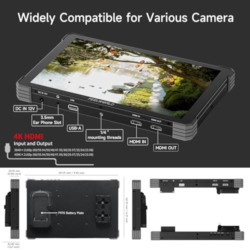 Image of FEELWORLD T10 Touchscreen 10.1inch 1920x1200 Camera Filed DSLR HDMI Monitor Camera External Monitor with 3D LUT HDMI Ouput F970 Power Plate