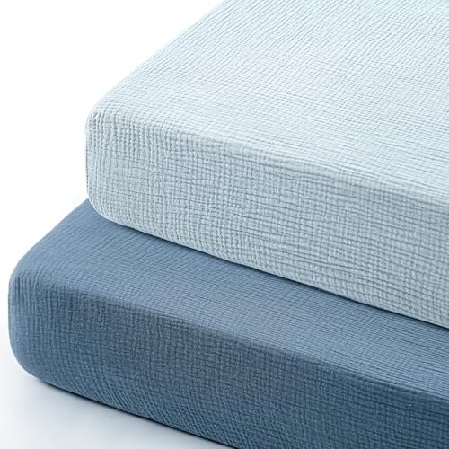Image of GRSSDER 100% Cotton Muslin Crib Sheet 2 Pack - Breathable & Ultra-Soft Fitted Crib Sheets for Standard Baby & Toddler Mattresses, 52"x28" with 9" Deep Pocket, Snug Fit All-Around Elastic