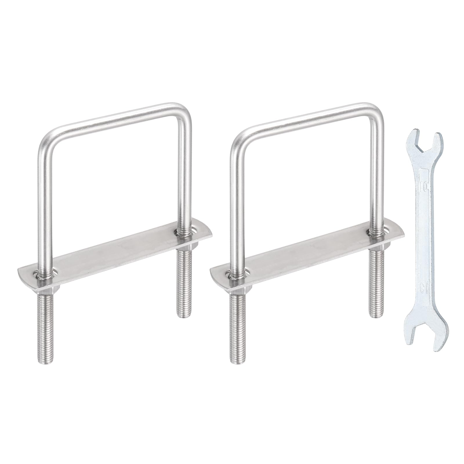 sourcing map 2 Sets M8 Square U-Bolts, 3.19"(81mm) Inner Width 4.7"(120mm) Length 304 Stainless Steel U Clamp Bolts with Nuts, Plates and Wrench for Trailer Ski Boat Fishing Boat