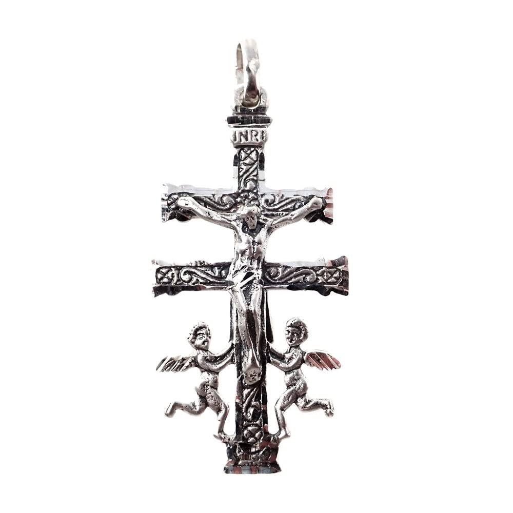 Colgante plata Ley 925m oxidada Cruz Caravaca maciza 39mm. delante Cristo atrás Virgen detalles