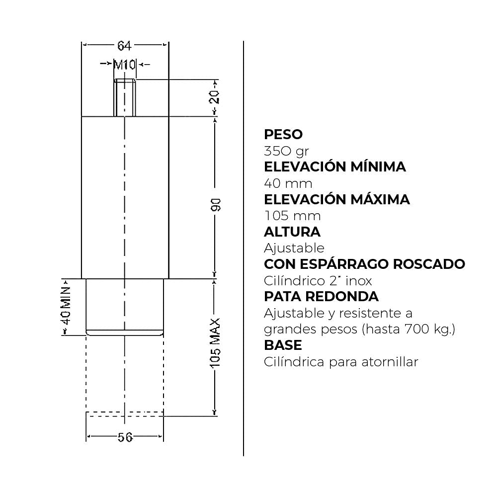 Pack 4 x Patas Regus Redondas Acero Inoxidable Partes Fija y Móvil Cilíndricas | Con Espárrago Roscado Cilindrico 2' Inox | Peso: 305g | Mín 40mm/Máx 105mm | Ajustable y Resistente Hasta 700 kg