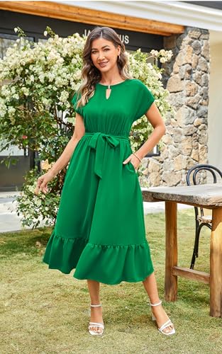 Image of ECOWISH Womens Casual Midi Dresses Solid V Neck Short Sleeve Button Shirt Belted Dress with Pockets for Spring Summer 2026