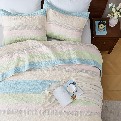 Image of Andency King Size Quilt Set Blue Pink, 3 Pieces Summer Ultra Soft Lightweight Bedspreads & Coverlets Set, Patchwork Striped Quilted Bedding Sets for All Seasons (1 Quilt, 2 Pillow Shams)
