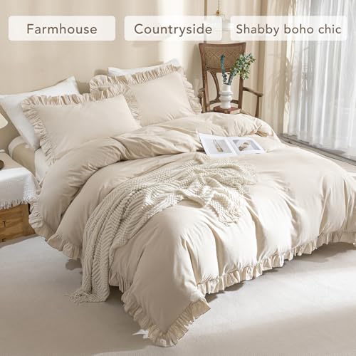 Image of QSH Washed Cotton Queen Duvet Cover Set Ruffle Duvet Cover Linen Textured Farmhouse Shabby Vintage Chic Bedding Comforter Cover 3 Pieces Aesthetic French Country Queen Bed Set