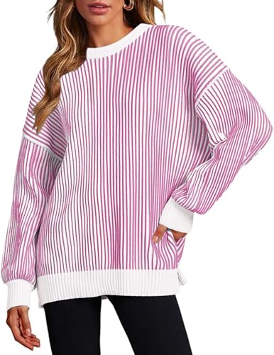 Image of Zeagoo Women 2026 Fall Lightweight Oversized Sweater Crew Neck Long Sleeve Color Block Pullover Rib Knit Blouse Tops XS-2XL