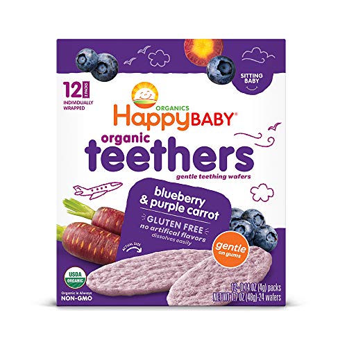 Happy Baby Gentle Teethers Organic Teething Wafers Blueberry Purple Carrot, Soothing Rice Cookies