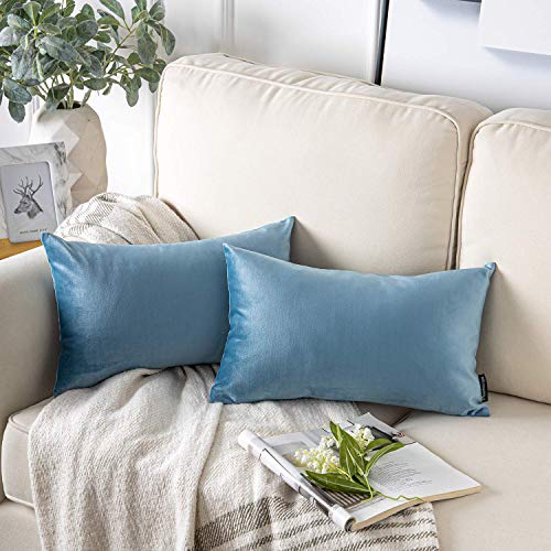 Image of Phantoscope Pack of 2 Velvet Decorative Throw Pillow Covers Soft Solid Square Cushion Case for Couch Blue 12 x 20 inches 30 x 50 cm