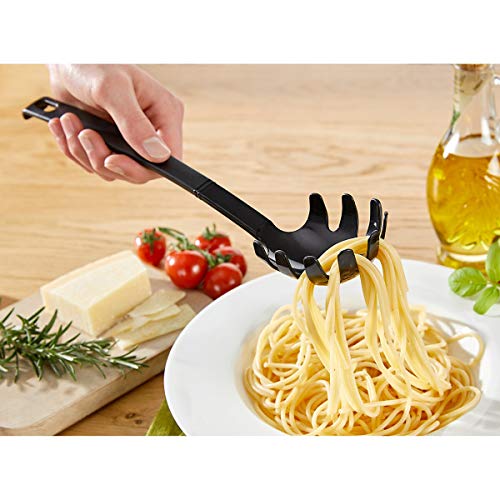 FACKELMANN 23745 30cm hängbar Spaghettilöffel Nero, Küchenhelfer aus Kunststoff, Nudellöffel für beschichtete Pfannen und Töpfe (Farbe: Schwarz), Menge: 1 Stück