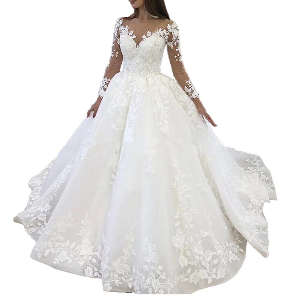 Vestidos de Novia Princesa Cuello V Manga Larga Encaje Vestidos de Boda Tren Largo BA-VL-0627