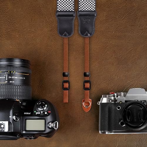 Image of Padwa Lifestyle Black and White Fine Plaid Camera Strap - 2 inch Wide Cowhide Head Cotton Strap,Vintage Check Weave Neck Shoulder & Crossbody Camera Straps for Photographers Gift and All DSLR Cameras