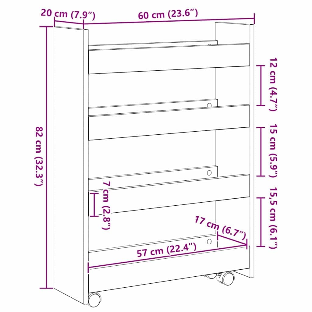 Schmaler Aufbewahrungswagen Holzwerkstoff Schwarz Eichen-Optik 60x20x82 cm mit Rollen und Bremsen, mobiler Rollwagen für Küche, Nischen, Arbeitsplatte, Organizer und Stauraum