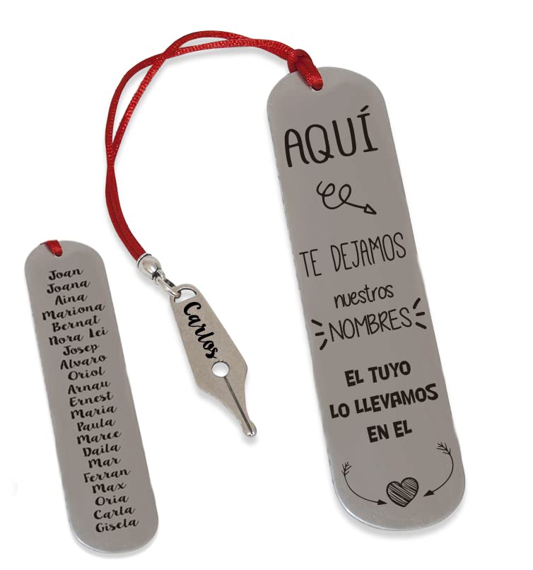 Marcapáginas personalizado AQUÍ TE DEJAMOS NUESTROS NOMBRES. Regalos para profesores. Ideal para regalar en fin de curso. Regalos personalizados y originales para profes.