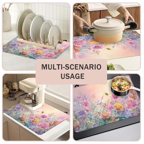Image of Spring Wildflowers Butterflies Stove Cover for Electric and Glass Stove Tops 3-in-1 Stove Mat, Heat Resistant Counter Protector Mat, Non-Slip Surface & Drying Rack, 28.5 inchLx20.5 inchW