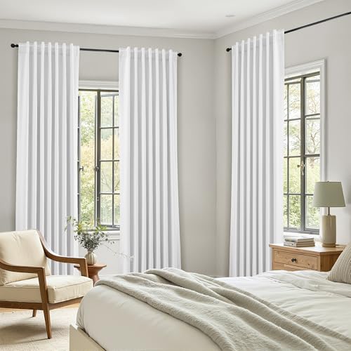 Image of Nanspring White 100% Blackout Linen Curtains for Bedroom 45 Inches Long Back Tab Thermal Insulated Modern Farmhouse Decor Black Out Curtain for Living Room Dining Room Neutral Drapes 52x45, 2 Panels