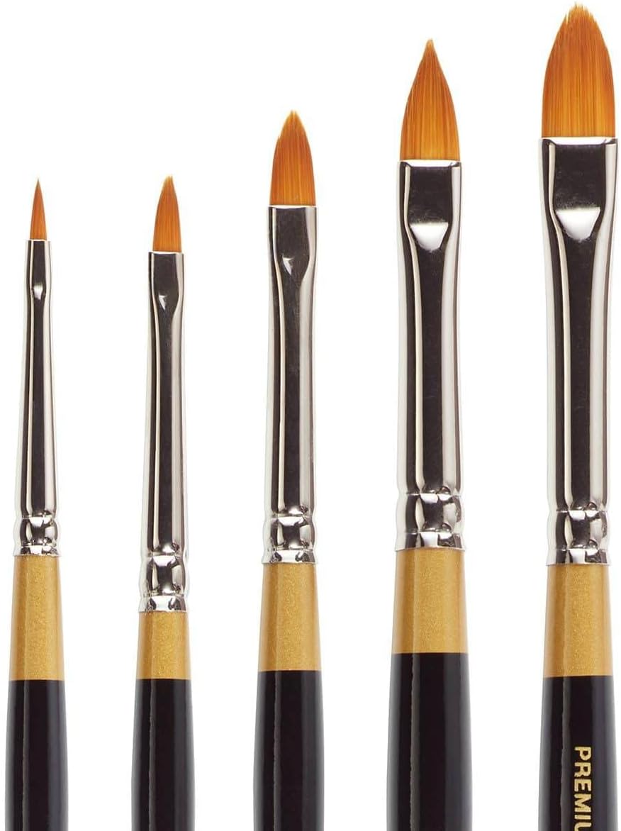 KINGART Premium 5 pc. Original Gold 9515 Series Pointed Filbert Artist Brush Set, Synthetic Golden Taklon Hair for Acrylic, Oil, Watercolor and Gouache Paint, Short Handle,5 Sizes: 0, 2, 4, 6, 8