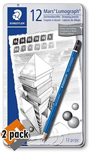 STAEDTLER Premium Quality Drawing Pencil, Mars Lumograph, Graphite Pencil Set in Metal tin, Break-Resistant Super-Bonded Lead, Design Set of 12 Degrees, 100 G12-2 Pack