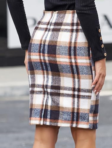 Women's Plaid Pencil Midi Skirt High Waist Zipper Bodycon Knee Length Skirt Fall Winter3