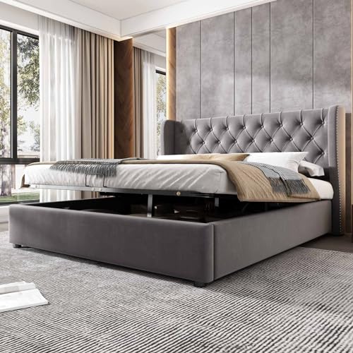 KOMHTOM Bett mit Stauraum, gepolstertes Doppelbett mit Kopfteil, für Erwachsene mit Lattenrost, Bettgestell (ohne Matratze) (Grau, 140 x 200 cm), SS28985960AAH – Bild 8