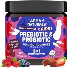 Llama Naturals Kids Probiotic with Prebiotic Fiber, Vegan, Organic Prebiotics and Probiotics Gummies for Gut Health Support, Toddler Real Fruit Gummy Vitamins, No Added Sugar Cane, Mixed Berry, 120 Ct