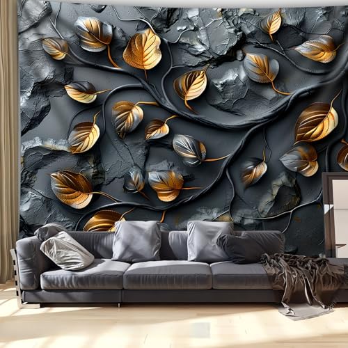 Arsey Arazzo da parete con foglie dorate, perfetto per camera da letto, soggiorno, moderno, decorazione domestica, nero, grande, 200 x 150 cm