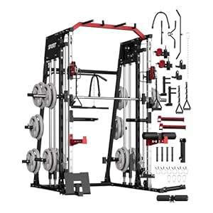Smith Machine Home Gym All in One, 2200LBS Squat Rack Power Cage with Smith Bar, LAT Pull-Down, Cable Systems, Leg Hold-Down and More Attachments, Workout Equipment (Red Black)