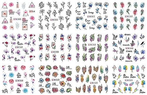 Geometry Line Flower Leaf Nail Art Stickers 12PCS Water Transfer Nail Decals Graffiti Painted Colorful Slider Sticker Floral Pastel Plant Sliders Acrylic Nail Sticker for Women Girls DIY Manicure - Image 6