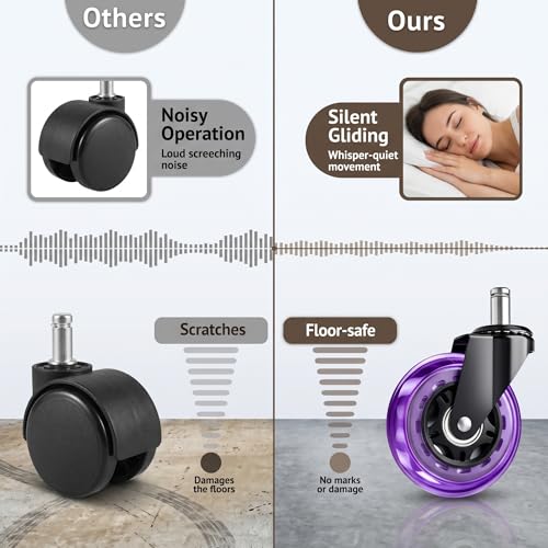 Image of 3 Inch Office Chair Wheels, Set of 15 (Purple) | Heavy Duty Replacement Casters for Hardwood Floor & Carpet, Smooth Quiet Roll, Universal 11mm Stem, Non-Marking PU Wheels