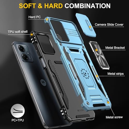 Image of Slide Camera Cover with Ring Holder Mobile Phone Case Cover for Motorola Moto G54 (Blue)