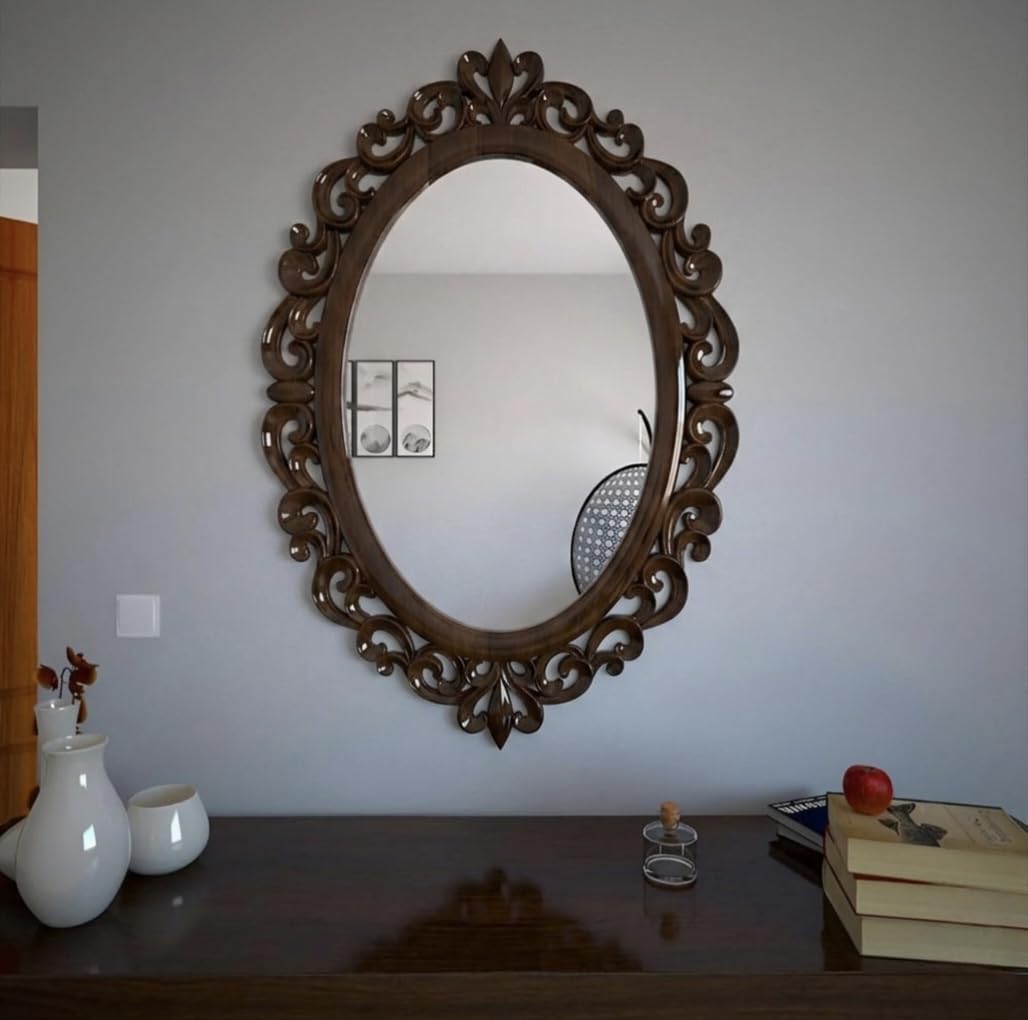 Wooden Mirror Frame for Home Decor, Wall Hanging Hand Carving Vanity Frame, Dressing Makeup Frames, Oval Shape Design, 91x61 Cm, Without Mirror (Brown)-image-33