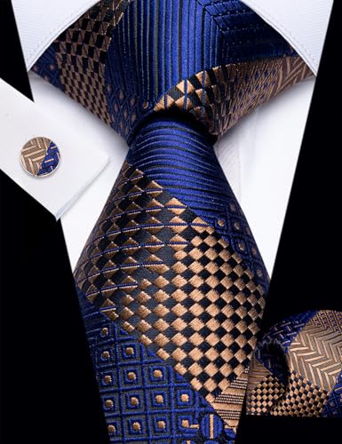 Image of YourTies Striped Plaid Ties for Men Silk Formal Necktie Set | 3.15 inch(8cm) Woven Jacquard Mens Ties with Necktie Pocket Square Cufflink Tie Clip Lapel Pin for Wedding Business Party
