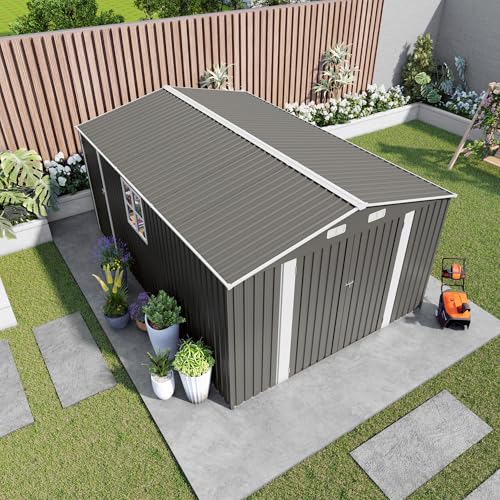 Image of 10x14 FT Metal Storage Shed,3 Lockable Doors,Window,Grey | 796cuft,7lbs /sqft roof.Sloped roof drains.Galvanized steel,rust proof.Clear window,vented.Side door