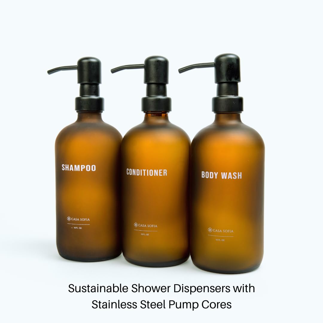 Dispenser per shampoo e balsamo (set di 89,6 g) – Bottiglie di sapone da doccia, dispenser ricaricabile per bagnoschiuma con pompa, moderno vetro ambrato smerigliato per ospiti, bagno