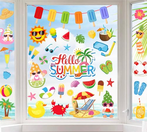 JarThenaAMCS 9 Sheets Hello Summer Window Clings Cartoon Ice Lolly Gnome Beach Sunshine Window Stickers Double-Sided Glass Decals for Home Classroom Office Hawaiian Tropical Party Decor