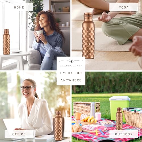Image of Copper Water Bottle - 32 Oz - Handcrafted Ayurvedic Vessel | Glossy Honeycomb, Jointless Leak-proof, Eco-Friendly, BPA-Free, Handmade Water Bottles for Yoga, Office, Travel