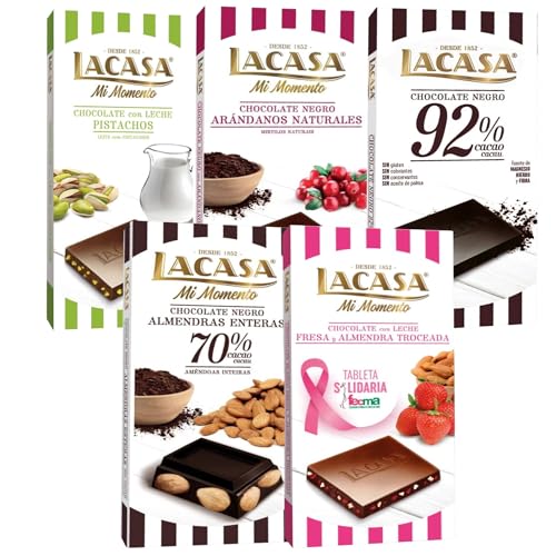 Pack Lacasa 5 tabletas de chocolate de distintos sabores y tamaños: arándanos ,leche pistacho , leche fresa y almendra ,cacao 92% , almendra