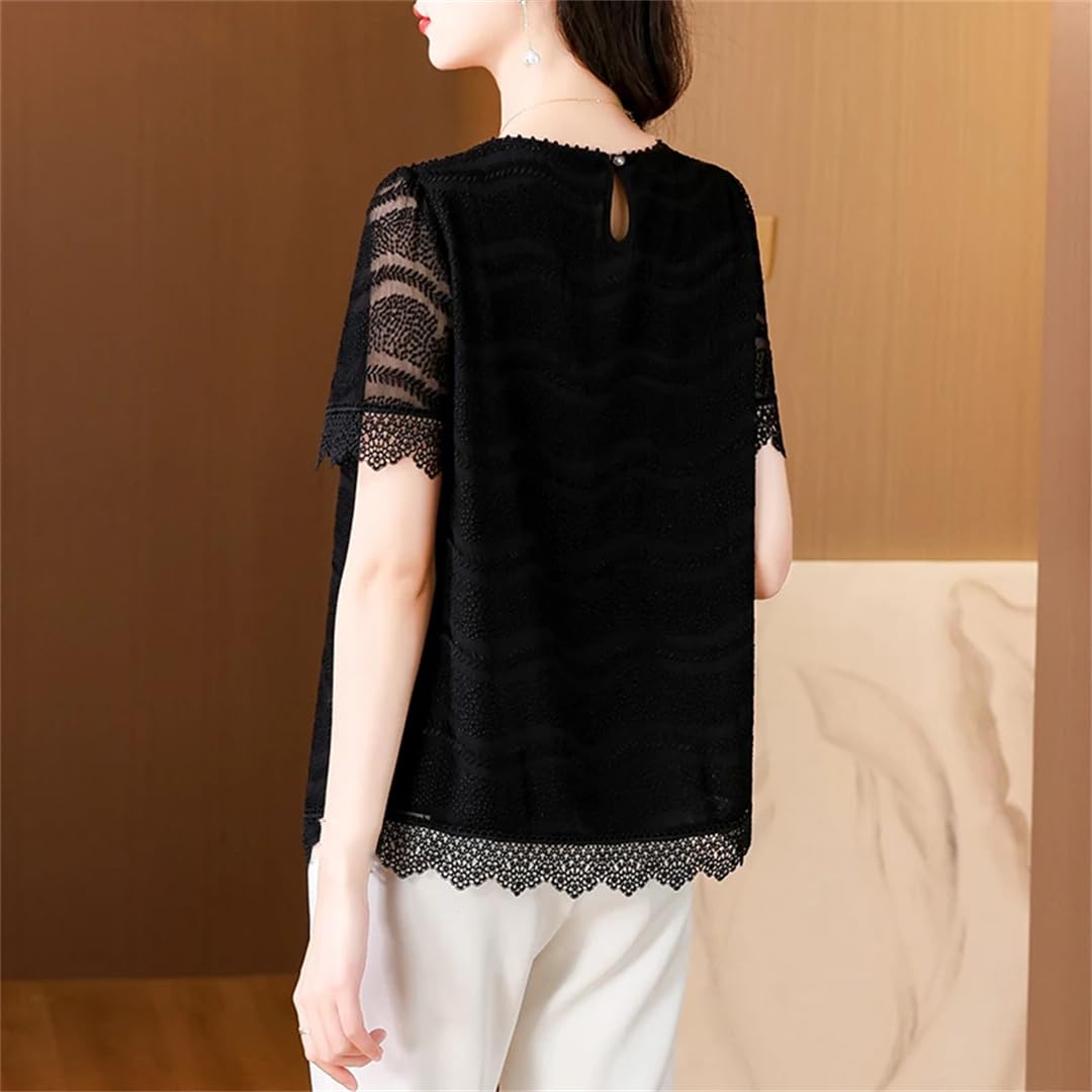 Top estivo da donna in seta ricamata, scollo rotondo, manica corta, pizzo di seta, allentato, dimagrante