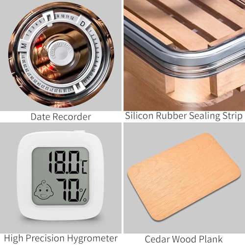Image of Cigar Humidor Clear Acrylic Humidor Spanish Cedar Shelf Cigar Case Box Portable Airtight Container Holds 80-100 Cigars with Humidifier&Hygrometer Thermometer(Large)