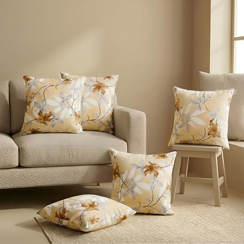 Image of Clasiko 16x16 Cushion Covers - Set of 5 Soft Cotton-Feel Decorative Pillow Covers | Golden Blossom, Flap Closure, Perfect for Sofa & Living Room