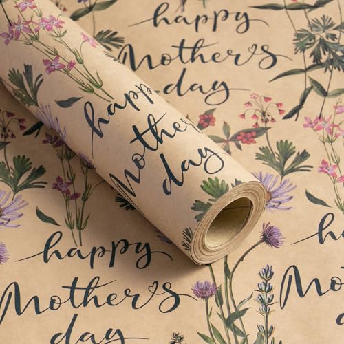 RUSPEPA Mothers Day Wrapping Paper Roll Mini Roll Wild Flower Wrap Paper Happy Mothers Day Floral Kraft Gift Wrap for Mom Grandma and Wife and Celebration 17 Inches x 16.4 Feet