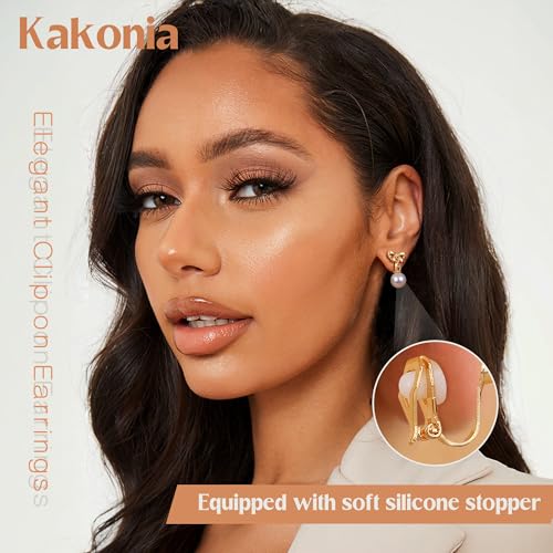 Kakonia Clip on Earrings Women, Gold Clip on Earrings for Women, Clip Earrings for Women, Women's Clip-on Earrings, Clip on Stud Dangle Earrings, Pearl Bow Butterfly Non Pierced Earrings3