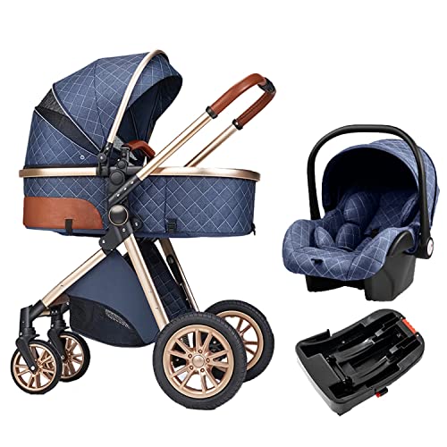 3 in 1 Baby Travel System Baby Pram Standard Baby Stroller Baby Travel Carriage Portable Folding Baby Prams Aluminium Frame High Landscape Car for Newborn (V9UD Blue-59)