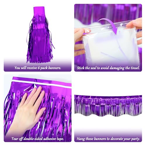 Image of LOLStar Purple Foil Fringe Tinsel Garland, Tinsel Streamers Banner, 6 Pack | 60Ft Tinsel Streamers, Shiny Purple Wall Hanging Tinsel Fringe Banners for Graduation, Parade Float, Halloween Party Decor