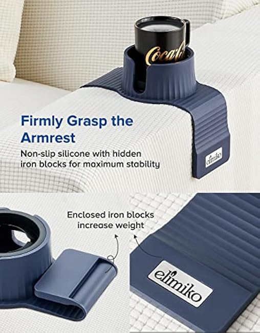 Couch Cup Holder, Elimiko Silicone Sofa Drink Holder with Upgrade Large Cup Holder, for Oversized Mug/Cup/Tumbler/Drink/Coffee/Bottle/Cans (Navy Blue)