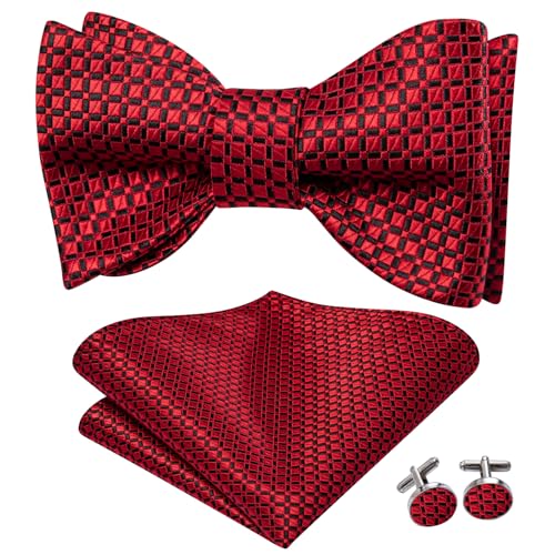 Image of Dubulle Black and Red Checks Bow Ties and Lapel Pin Handkerchief Cufflinks Self Bowtie Set for Men Wedding, Medium