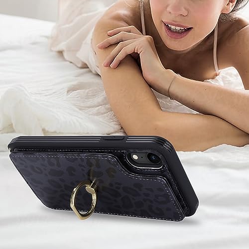 Image of for iPhone XR Case with Card Holder and Strap for Women,Crossbody Lanyard,RFID Blocking,Kickstand Ring Stand,Snap Clasp,Cute Phone Wallet Cases 6.1 inch(Black Leopard)