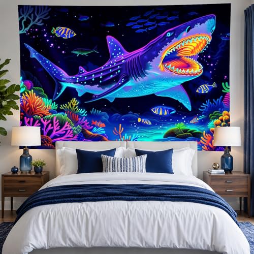 Image of BlissYard Blacklight Shark Tapestry Glow In The Dark UV Reactive Wall Hanging With Neon Underwater Ocean Scene Psychedelic Black Light Tapestries For Bedroom Party Decor 78x59 Inch
