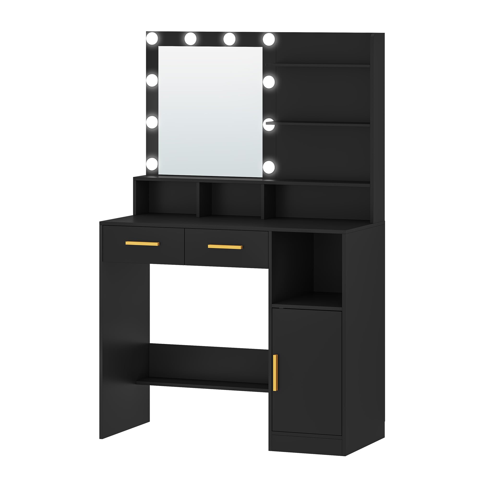 Hzuaneri Tocador, con Espejo y 10 LED Luz Regulable, Mesa de Maquillaje con 2 Cajón y 1 Armario, 3 Estantes y 4 Compartimentos Abiertos, Negro DT32506X