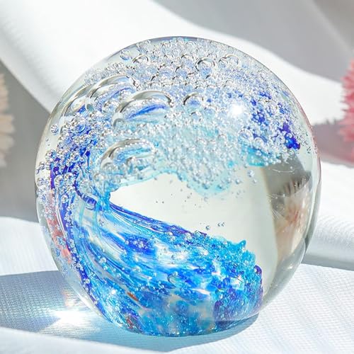 FZBHRO Decorative Crystal Ball Figurines Ocean Waves Paperweight Blown Glass Decor Sea Art Ocean Lovers Gift Blue 3.15