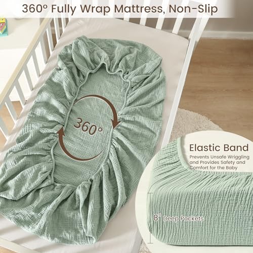 Image of david's kids Muslin Crib Sheets for Boys Girls, 2 Pack 100% Cotton Soft Breathable Fitted Baby Neutral Sheet Set, Standard 52 inchx28 inch Crib and Toddler Mattress, Sage Green & Dusty Blue