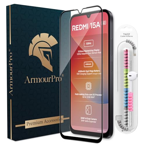 Image of ArmourPro Military-Grade Tempered Glass for Redmi 15A - 9H Anti Scratch, Edge-to-Edge Coverage, HD Clarity, Smooth Touch, Case Friendly, Easy Installation Kit with Cable Protector